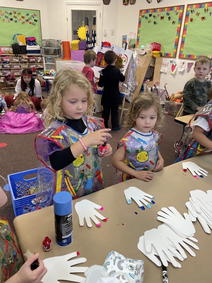 Two preschoolers in art smocks painting paper handprint cutouts at a classroom table