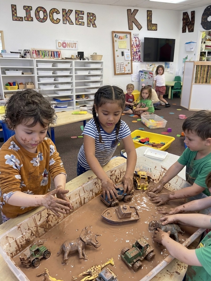 Children playing with toy animals and trucks in a muddy sensory table
